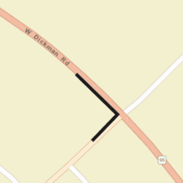 City streets map with black line on west leg of Dickman and south leg of Hill Brady intersection