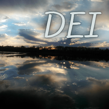 Beautiful sunset sky over the river, with DEI at the top.