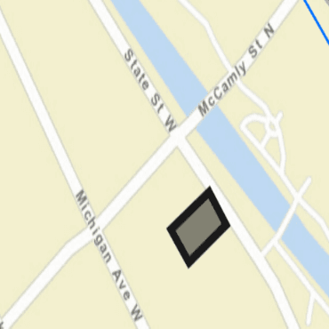 A city street map showing the closure of the parking lot, as a black box, off of State Street.