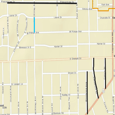 A city street map showing upcoming milling projects as black lines.