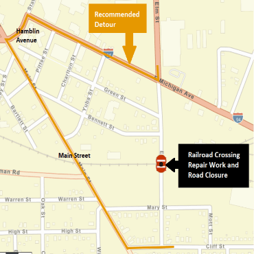 A city street map showing the railroad crossing repair work on Elm Street.