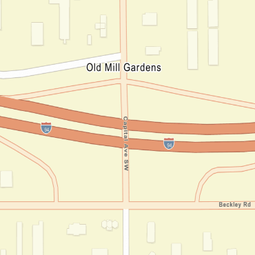 A city street map showing the Capital Avenue SW. bridge over I-94 in Battle Creek.