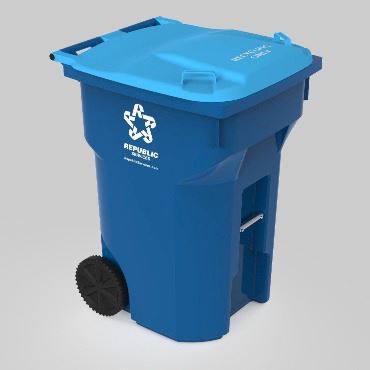 Dark blue curbside recycling cart with light blue lid