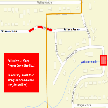 A Battle Creek city street map showing the culvert as a red box and temporary road as a red line.