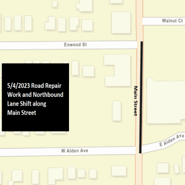 A Battle Creek city street map showing the road repair work as a solid, black line.