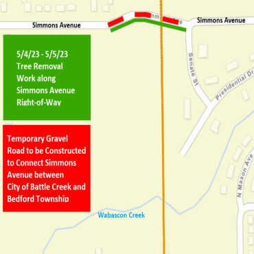 A Battle Creek city street map showing the tree removal work as a solid, green line.