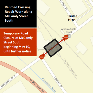 A Battle Creek city street map showing the railroad crossing repair work and temporary road closure.