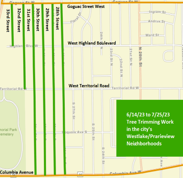 A Battle Creek city street map showing the tree trimming work as solid, green lines.