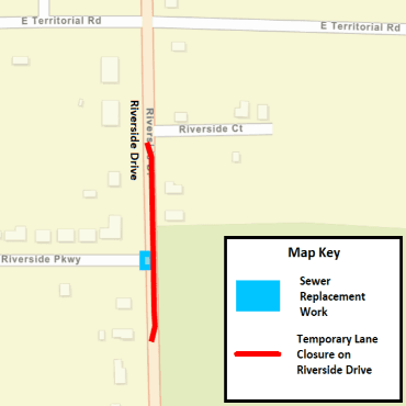 A Battle Creek city street map showing the sewer replacement work and temporary lane closure.
