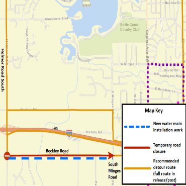 A Battle Creek city street map showing the new water main installation work as a dashed, blue line.