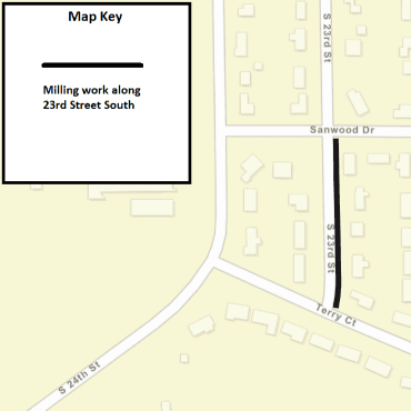 A Battle Creek city street map showing the milling work as a solid, black line along 23rd Street.