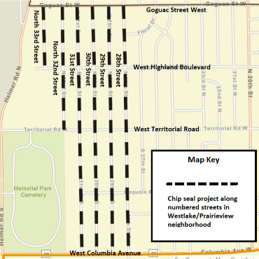 A Battle Creek city street map showing the chip seal work as dashed, black lines.