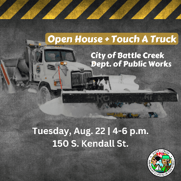 Snow plow cutout with text Public Works Open House + Touch a Truck