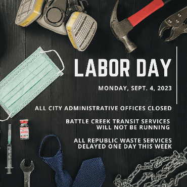 A graphic with tools and other work-related items detailing the Labor Day service changes.