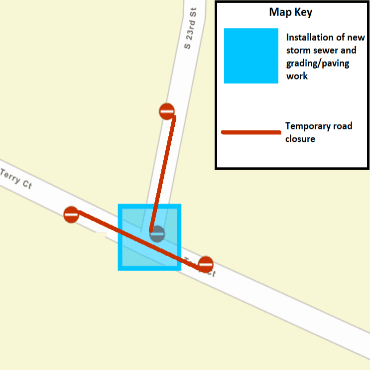 A Battle Creek city street map showing the new storm sewer installation work as a blue box.