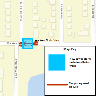 A Battle Creek city street map showing the new sewer storm main installation work as a blue box.