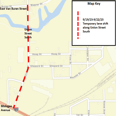 A Battle Creek city street map showing the temporary lane shift as a dashed, red line.