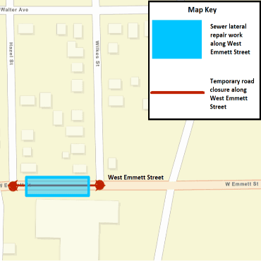 A Battle Creek city street map showing the sewer lateral repair work as a solid, light-blue box.