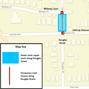 A Battle Creek city street map showing the sewer main repair work and temporary road closure.