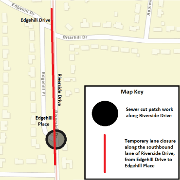 A Battle Creek city street map showing the sewer cut patch work and temporary lane closure.