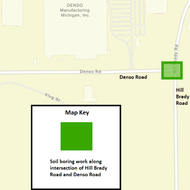 A Battle Creek city street map showing the soil boring work as a solid green box.