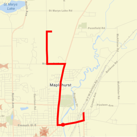 Battle Creek MI map with red-lined route through northeast of city.