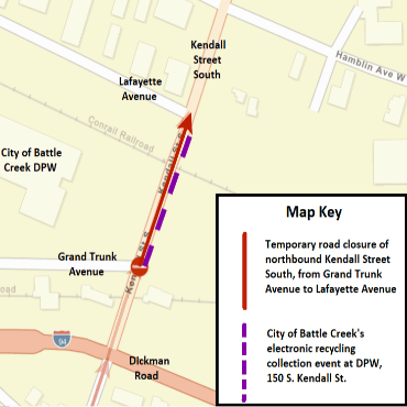 A Battle Creek city street map showing the temporary road closure along northbound Kendall Street.