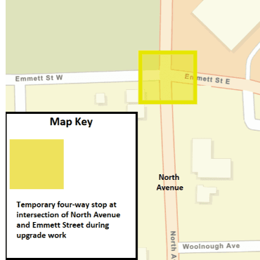 A Battle Creek city street map showing the temporary four-way stop as a solid yellow box.