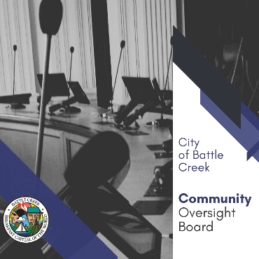 Graphic showing image of dais with Community Oversight Board text