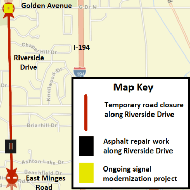 A Battle Creek city street map showing the asphalt repair work and temporary road closure.