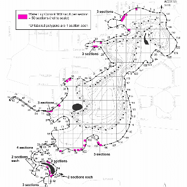 A map of Goguac Lake showing the water lily treatment areas shaded in a bright pink color.