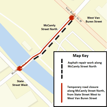 A Battle Creek city street map showing the asphalt repair work and temporary road closure.