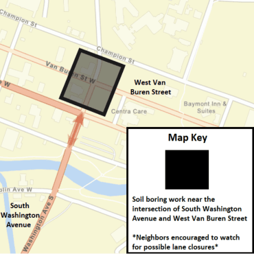 A Battle Creek city street map showing the soil boring work as a solid, black box.