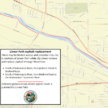 A Battle Creek city street map showing the Linear Path asphalt replacement work as a red dashed line