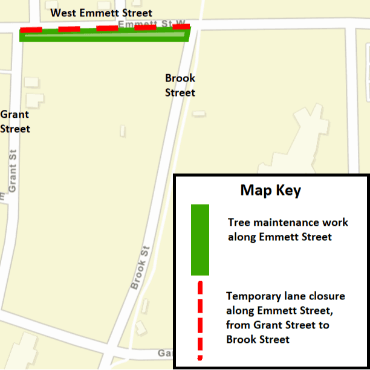 A Battle Creek city street map showing the tree maintenance work and temporary lane closure.