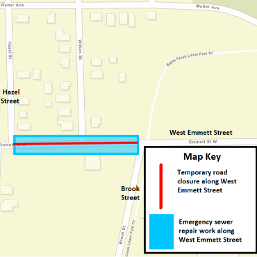 A Battle Creek city street map showing the emergency sewer repair and temporary road closure.