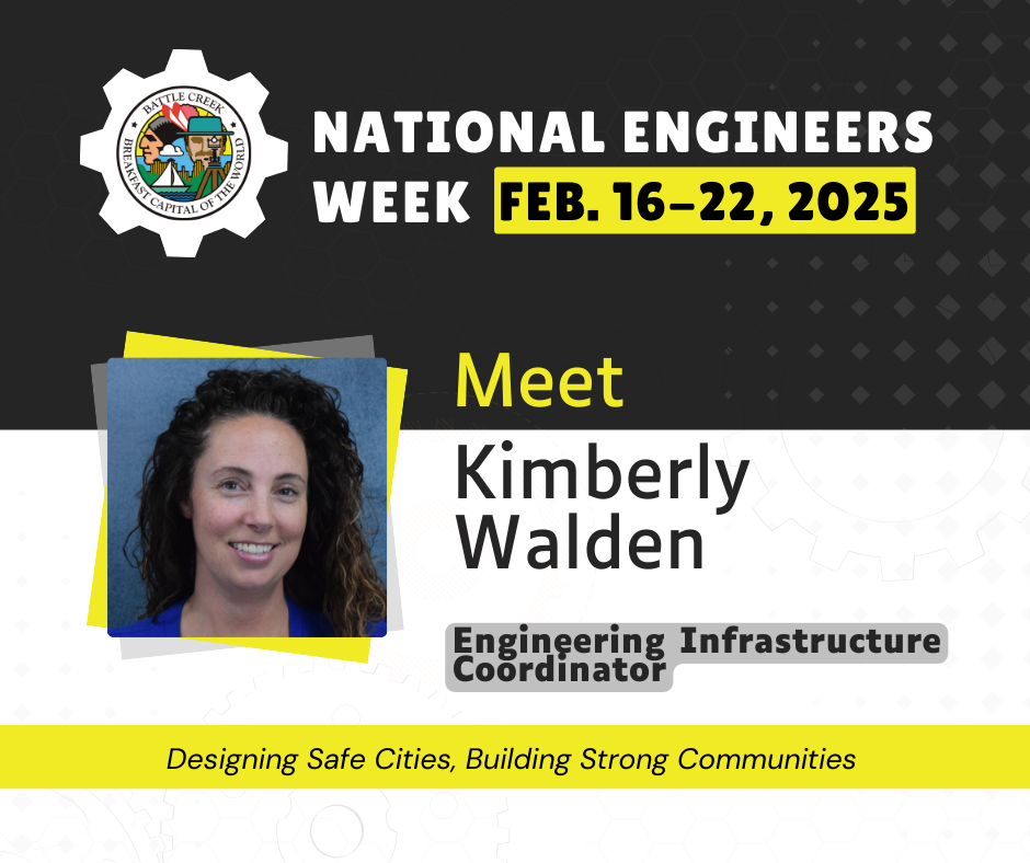 A black and white graphic celebrating Engineers Week with a photo of engineer Kimberly Walden 