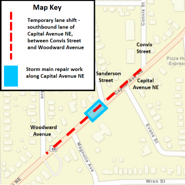 A Battle Creek city street map showing the temporary lane shift and storm main repair work.