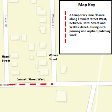 A Battle Creek city street map showing the temporary lane closure as a dashed red line.
