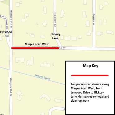 A Battle Creek city street map showing the temporary road closure as a solid, red line.