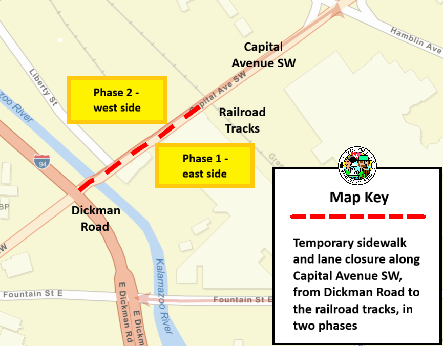 A Battle Creek city street map showing the temporary sidewalk & lane closure as a dashed, red line.
