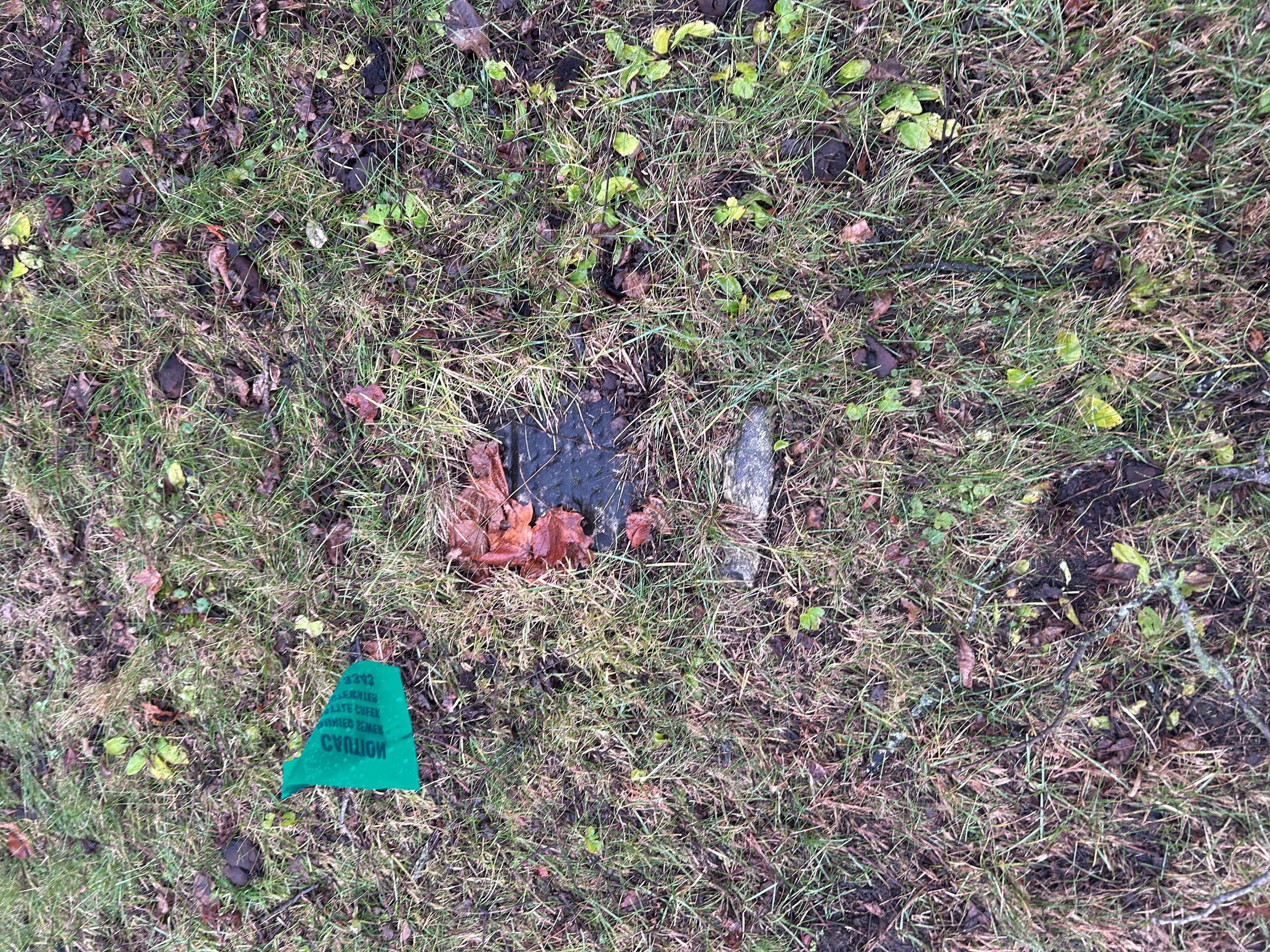 Photo of buried headstone with flag to mark for DPW