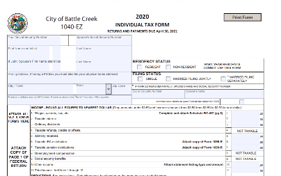 Top of the 2020 Battle Creek local income tax 1040 form