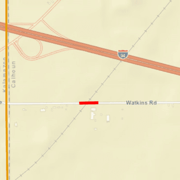 Map showing road closure at Watkins Road railroad crossing