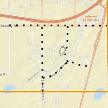 City street map with dotted black lines over crack filling areas in the southeast part of the city