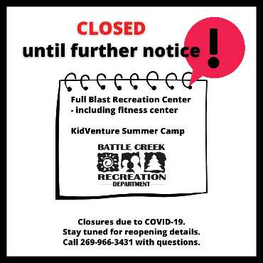 Black and white image with red accents, calendar page, and exclamation point for recreation closure