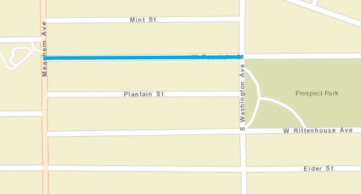 City streets map with teal blue line on West Fountain Street