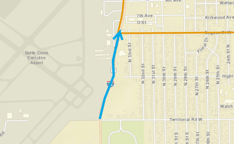City streets map with teal blue line over Helmer Road from Territorial to Goguac.