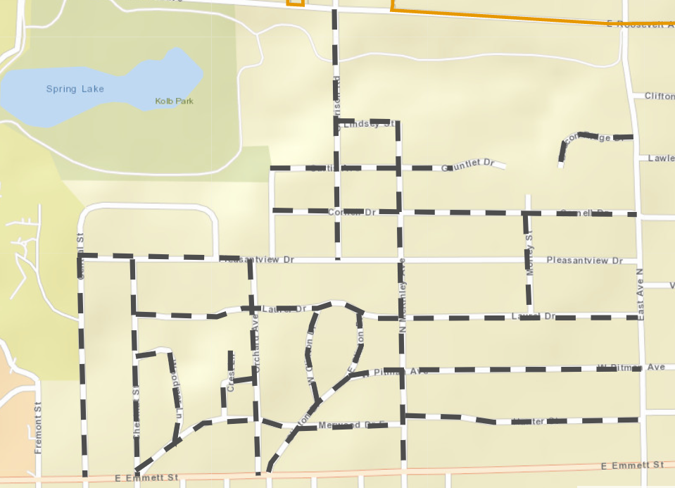 City street map with dashed black lines over northeast neighborhood of streets.
