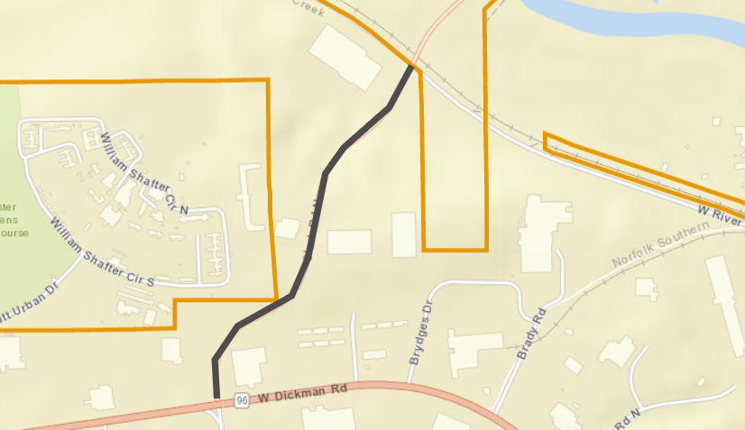 City street map with black line over Clark Road.